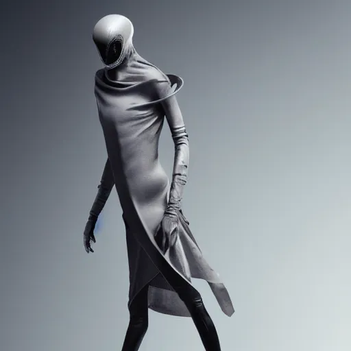 Image similar to realistic photo, alien top model wearing futuristic high fashion clothes, rick owens, demobaza, in a blend grey background