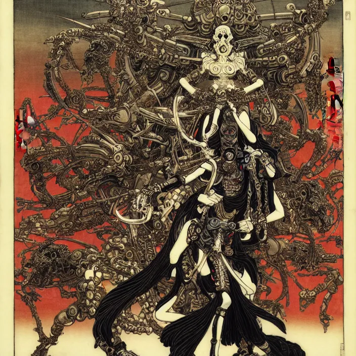 Image similar to still frame from Prometheus by Utagawa Kuniyoshi, death god Kali Durga as Dr doom in ornate bio cybernetic bone armour in front of burning souls and pile of alien skulls by Wayne Barlowe by peter Mohrbacher by Giger, dressed by Alexander McQueen and by Neri Oxman, metal couture hate couture editorial