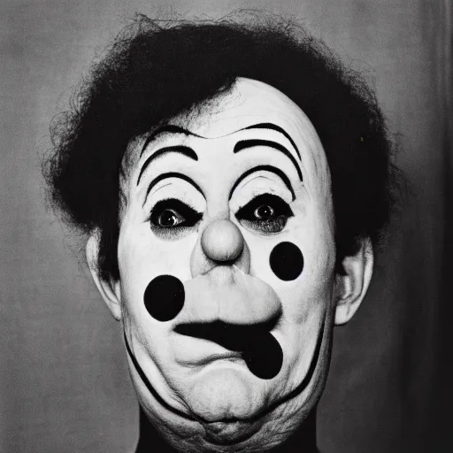 Image similar to portrait of clown by diane arbus, black and white photography