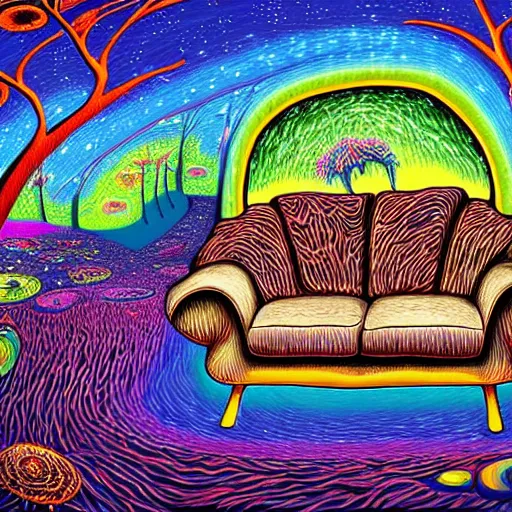 Image similar to psychedelic trippy couch in forest, planets, milky way, sofa, cartoon by rob gonsalves