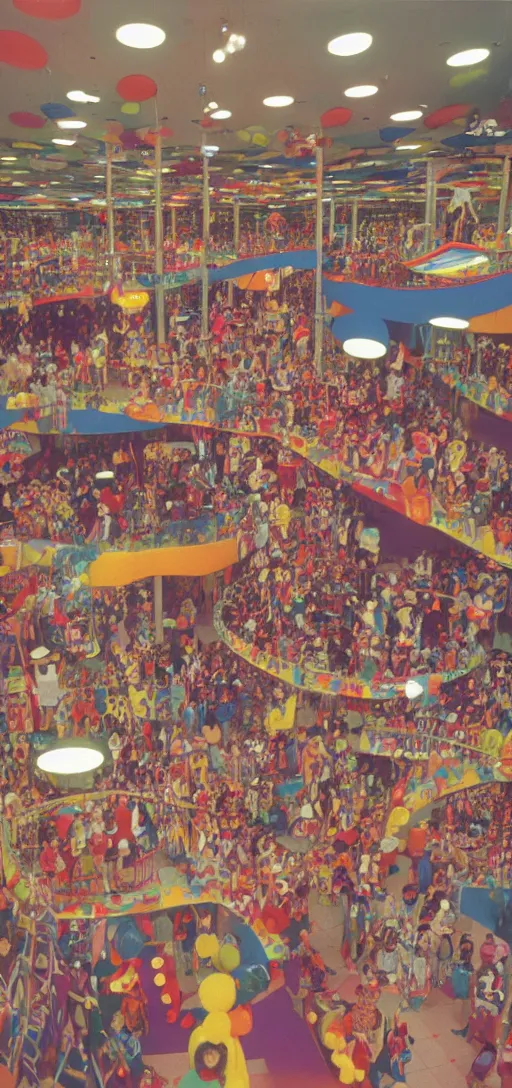 Prompt: the interior of a colorful clown - themed 1 9 8 0 s mall with mall - goers