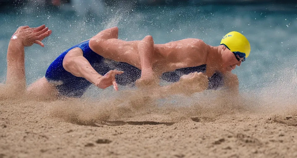 Image similar to olympic swimming in sand instead of water, motion blur