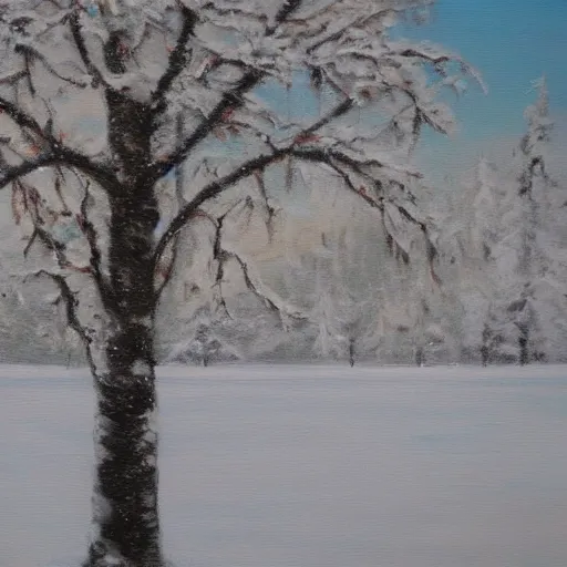 Prompt: fine art painting of a tree and snow