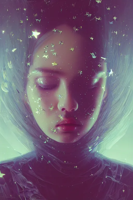 Image similar to 3 d, close - up, sleepy fashion model, plastic, deep night, stars, poster art, intricate oil painting, high detail, figurative art, multiple exposure, poster art, 3 d, by stanley kubrick and tooth wu and wlop and beeple