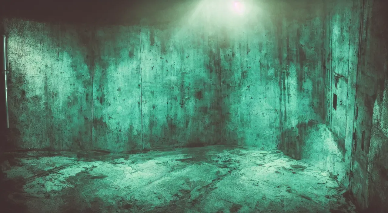 Prompt: deep dark underwater interior inside a water tank water tower claustrophobic confined space teal metal volumetric lighting photography footage