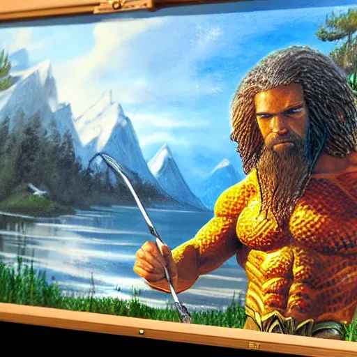 Image similar to a closeup photorealistic photograph of bob ross working on a canvas painting of aquaman. film still. brightly lit scene. mountains and trees. this 4 k hd image is trending on artstation, featured on behance, well - rendered, extra crisp, features intricate detail, epic composition and the style of unreal engine.