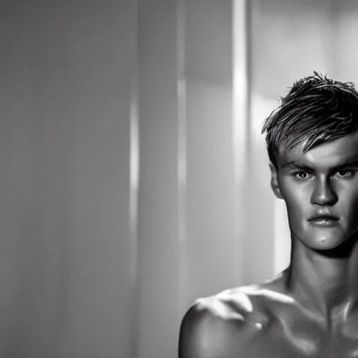 Image similar to a realistic detailed photo of a guy who is an attractive humanoid who is half robot and half humanoid, who is a male android, soccer player martin ødegaard, shiny skin, posing like a statue, blank stare, in a living room, on display, showing off his muscles, with a twin