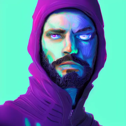 Image similar to a portrait of an ultradetailed futuristic male cyberpunk wearing a hoodie on his head, bearded, deep blue eyes, by dylan kowalski, 8 k, purple neon colours, digital painting, trending on artstation