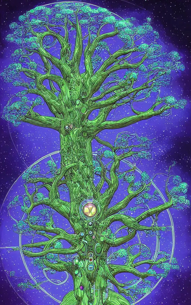 Prompt: futurist cybernetic yggdrasil world tree, future perfect, award winning digital art by moebius