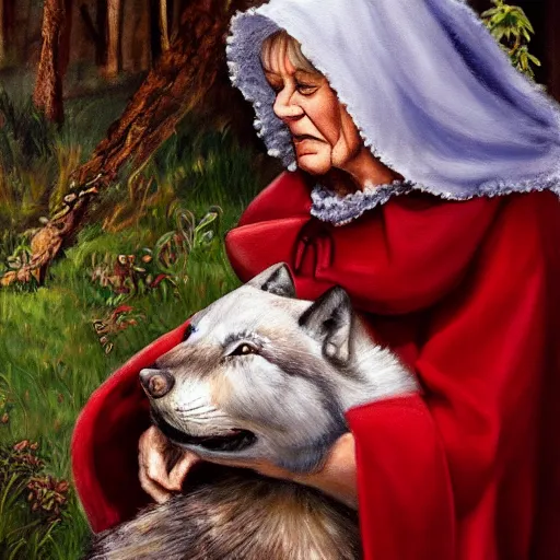 Prompt: A realistic painting of the wolf dressed as grandmother in Little Red Riding Hood