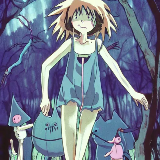 Prompt: an anime film vhs cover for a film by miyazaki of studio ghibli and tim burton, of a pastel goth vampire bat woman learning how to live in an empty cottage by herself in the middle of the woods, old vintage vhs, scan lines, grainy quality, real anime, fairies