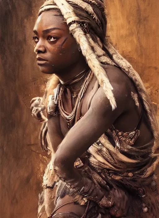 Image similar to black arya stark as himba, intricate, elegant, highly detailed, artstation, concept art, sharp focus, ruan jia, jurgens, orientalism, mucha
