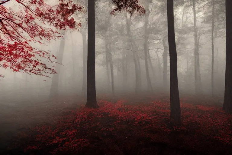 Image similar to deep dark moody forest, red fog on the ground, bleak. big stones, dark mood. mysterious. doom. realistic painting. photobashing, matte painting, highly detailed, autumn, cinematic, hyperralistic, artstation, art brut, dramatic lighting, god rays, clean crisp graphics, smooth sharp focus, extremely detailed, ukiyo - e,