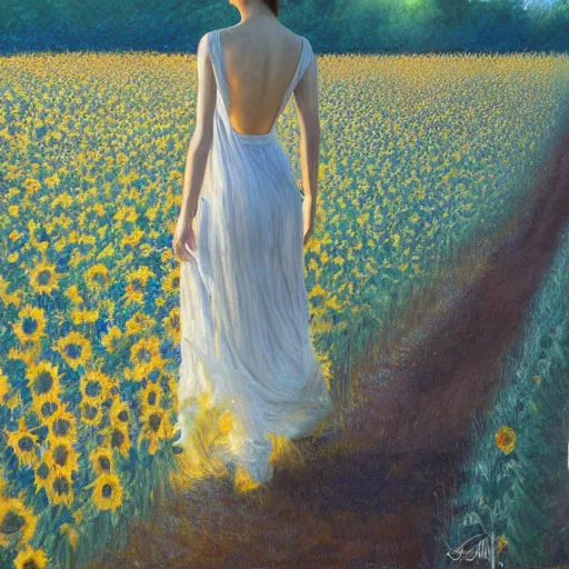 Image similar to a girl in really long dress slowly walking through amazing tall sunflower field, hair flowing, early morning lighting, elegant, subtle, intricate details, real masterpiece, oil on canvas, by somsak anong