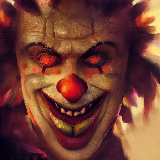 Prompt: clown warrior, pointed teeth, portrait, intricate, detailed, volumetric lighting, scenery, digital painting, highly detailed, artstation, sharp focus, illustration, concept art, ruan jia, steve mccurry