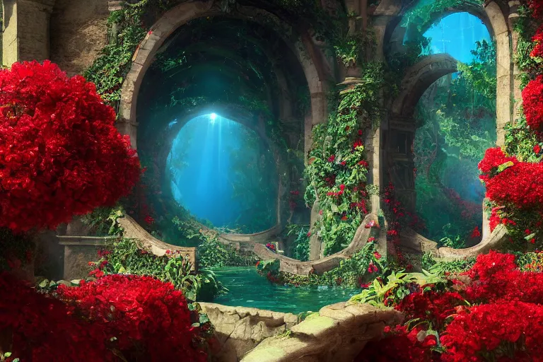 Prompt: broken arches leading to the pillars of eternity draped with red flowers and vines, blue sky, lens flare, a sense of mystery, cinematic, ultra detailed, intricate, sharp focus, trending on artstation, film still from Disney’s Atlantis: The Lost Empire (2001), 8K