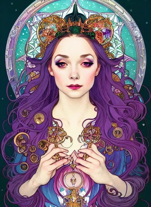 Image similar to fantastic portrait of a beautiftul witch with some shinny star, cloak, royally decorated crystal gemstones, symmetrical face, art nouveau, portrait, cute, fairy, by artgerm, kelly mckernan, mai yoneyama, alphonse mucha, detailed background, artstation, intricate, elegant, highly detailed, colorful, maximalist