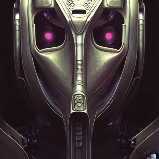 Image similar to low angle portrait shot of a cyberpunk gazmask robot character, intricate, elegant, highly detailed, centered, digital painting, artstation, concept art, smooth, sharp focus, illustration, artgerm, Tomasz Alen Kopera, Peter Mohrbacher, donato giancola, Joseph Christian Leyendecker, WLOP, Boris Vallejo