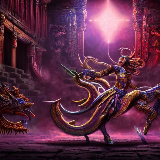 Prompt: fantasy sci fi characters fight in ancient temple, dark vibrant colors, action scene, 8 k, lumen reflections, sharpened, insanely detailed and intricate, hypermaximalist, elegant, ornate, hyper realistic, super detailed, digital art, purple