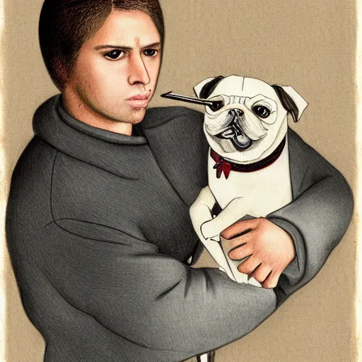 Prompt: self portrait, young white hispanic handsome man with short light brown hair and light skin and a 5 o clock shadow and holding a pug while fighting against 2 swordsmen pencil art, added detail, high definiton, colored, backfacing, illustrated by davinci