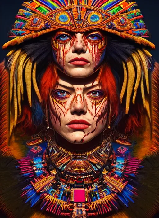 Image similar to portrait of emma stone, hyper detailed ultra sharp aztec shaman warrior. trending on artstation, warpaint aesthetic, bloodwave, colorful, psychedelic, ornate, intricate, digital painting, concept art, smooth, sharp focus, illustration, art by artgerm and greg rutkowski and h. r. giger, 8 k