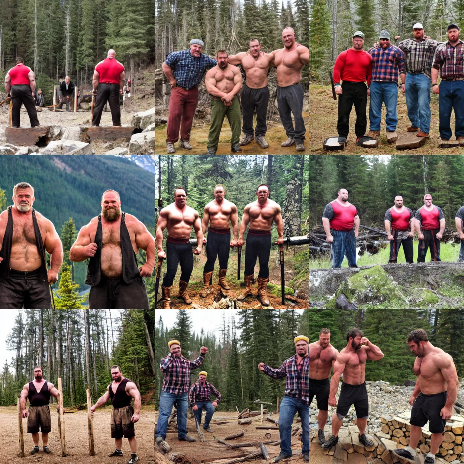 Prompt: moutain strongmen lumberjacks