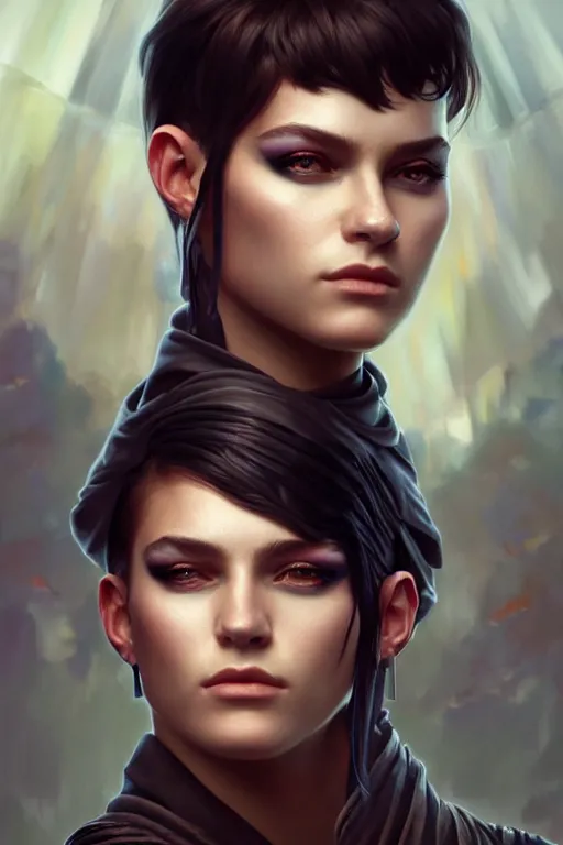 Prompt: photorealistic portrait of a young butch solargoth woman, handsome, female, masculine, upper body, fantasy, fierce, sharp features, intricate, elegant, highly detailed, digital painting, artstation, concept art, matte, sharp focus, illustration, art by artgerm and greg rutkowski and alphonse mucha