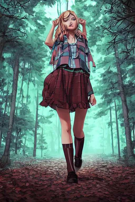 Prompt: woman in a dark forest, detailed plaid miniskirt, beautiful realistic face, detailed eyes, trending on artstation, by dan mumford, anime style, octane render