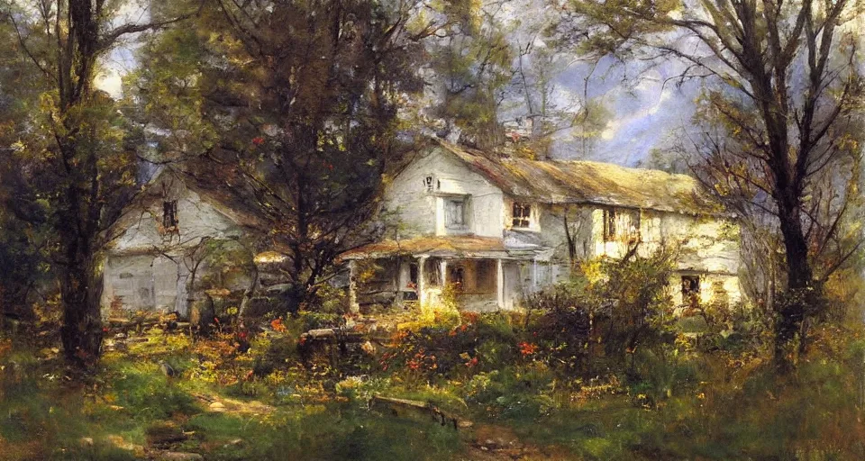 Prompt: cottage in the woods, by richard schmid