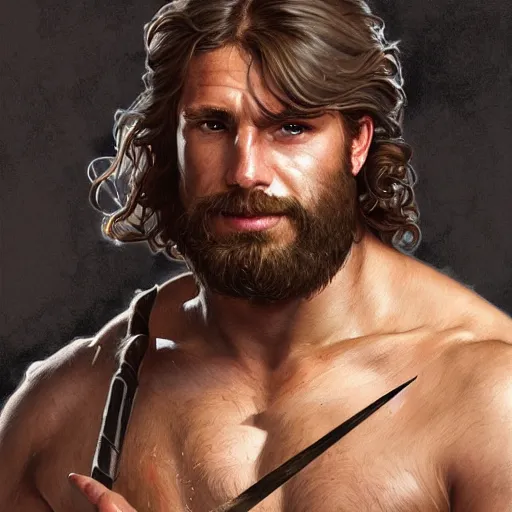 Image similar to portrait of a young rugged male barbarian, handsome, upper body, hairy torso!!!, D&D, muscular, fantasy, intricate, elegant, highly detailed, digital painting, artstation, concept art, smooth, sharp focus, illustration, art by artgerm and greg rutkowski and alphonse mucha