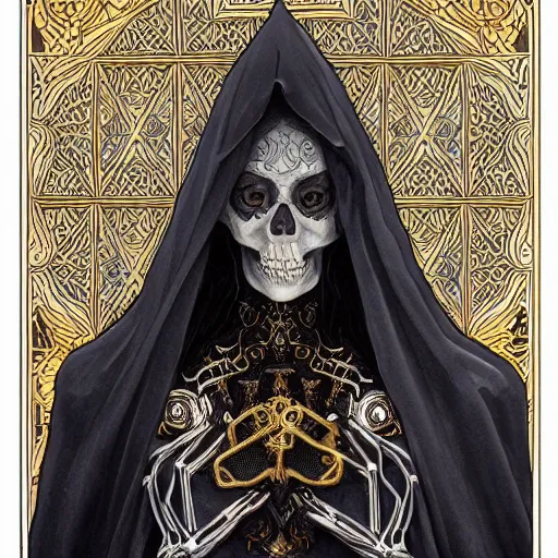 Image similar to a skeleton in a black cloak, highly detailed, very intricate, art nouveau, gold filigree, left right symmetry, tarot concept art watercolor illustration by mandy jurgens and alphonse mucha and alena aenami, featured on artstation