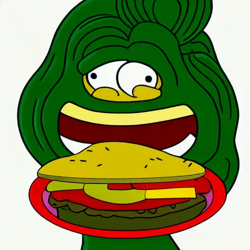 Prompt: nikocado avocado eating a hamburger, in the style of the simpsons