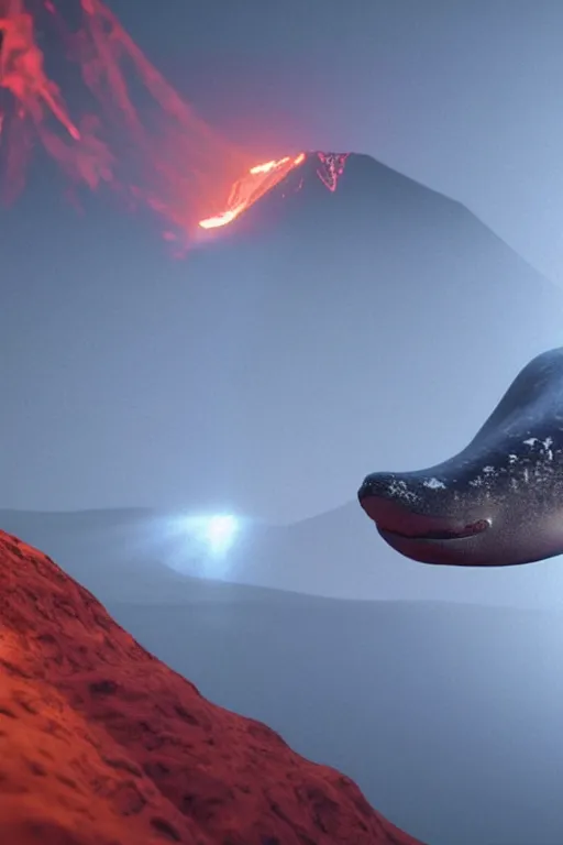 Image similar to a octane render of volcano and a tiny whale inside a boel, close - up studio photo, lighting path traced, highly detailed, high quality, hyper - realistic, max accurate,