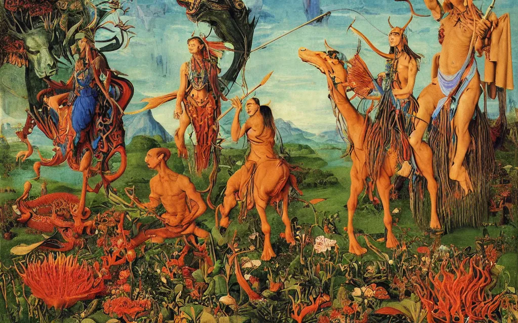 Image similar to a portrait photograph of a meditating shaman and a centaur monk riding a dragon and hunting at a river delta. surrounded by bulbous flowers and trees. mountain range under a blue sky of fiery stars. by jan van eyck, max ernst, ernst haeckel, ernst fuchs and artgerm, cgsociety, fashion editorial, 8 k