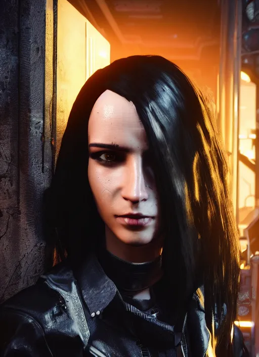 Image similar to black haired woman in a trench coat in a black cyberpunk 2 0 7 7, full body, intricate, highly detailed, face enhance, realistic