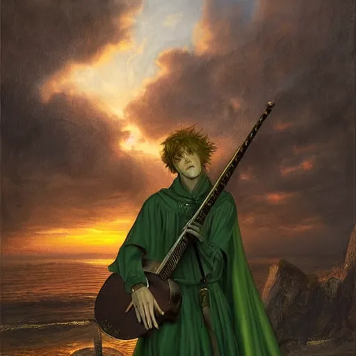 Image similar to kvothe playing his lute serenading the sunset, huntsman, medieval, green cape, by Aleksi Briclot