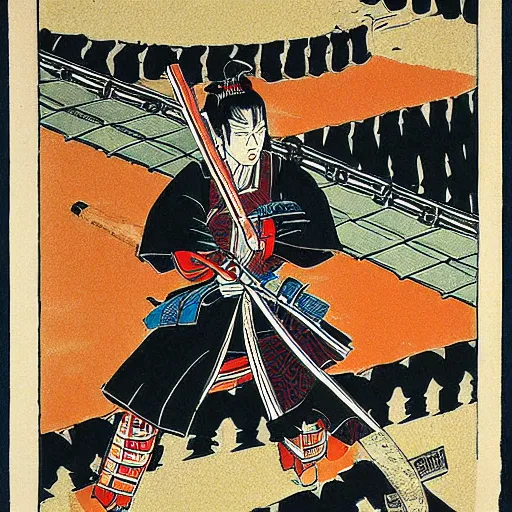 Image similar to Samurai with a katana in his hands runs after a Japanese schoolgirl on the subway by Toshio Saeki, high detailed