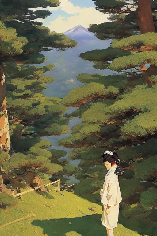 Image similar to a traditional Japanese quite unmanned uninhabited Torri on a mountain, by studio ghibli painting, by Joaquin Sorolla rhads Leyendecker, Torri, traditional Japanese colors, superior quality, masterpiece