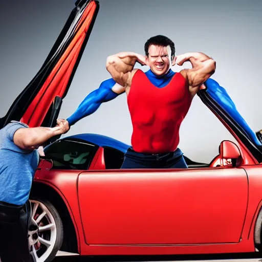 Image similar to super strong man lifting a car