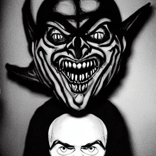 Image similar to sergey lavrov demonic evil horror jester face, lava cave glowing eyes, neon, polaroid black and white picture, 1 9 th century, scary horrifying satanic rituals, hell gate