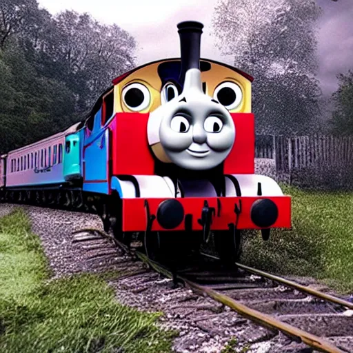 Image similar to thomas the tank engine, uncanny horror, caught on hand cam, scary