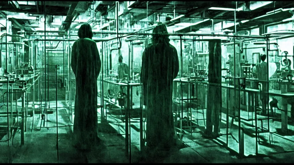 Image similar to a mad scientist in his lab, giant vats of green liquid line the walls, film still from the movie directed by david cronenberg with art direction by salvador dali and zdzisław beksinski, wide lens