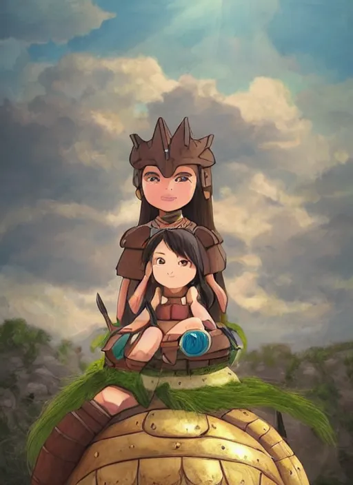 Image similar to portrait of a little warrior girl character sitting on top of a giant armored turtle with a big smiling face in the desert, studio ghibli epic character with dark skin and beautiful green eyes, very beautiful detailed symmetrical face, long black hair, bright colors, diffuse light, dramatic landscape, fantasy illustration