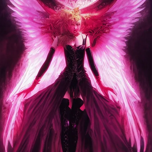 Image similar to young vampire princess with burning wings 4 k high definition colorful pink and black dramatic lighting artstation trending path traced contrast light and dark cinematic breathtaking by noriyoshi ohrai, patrick woodroffe, and hans zatzka