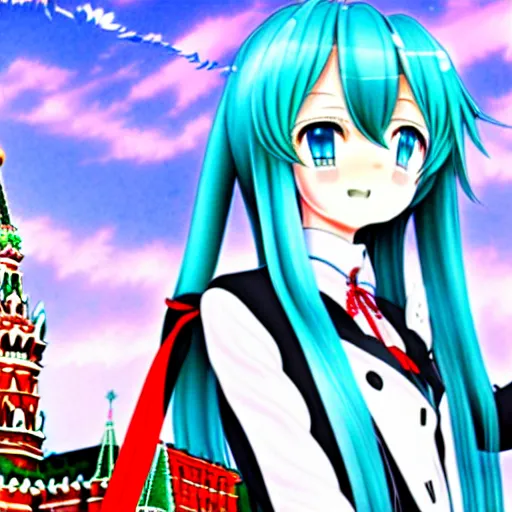 Image similar to hatsune miku on the moscow red square, high detailed anime art, trending on pixiv