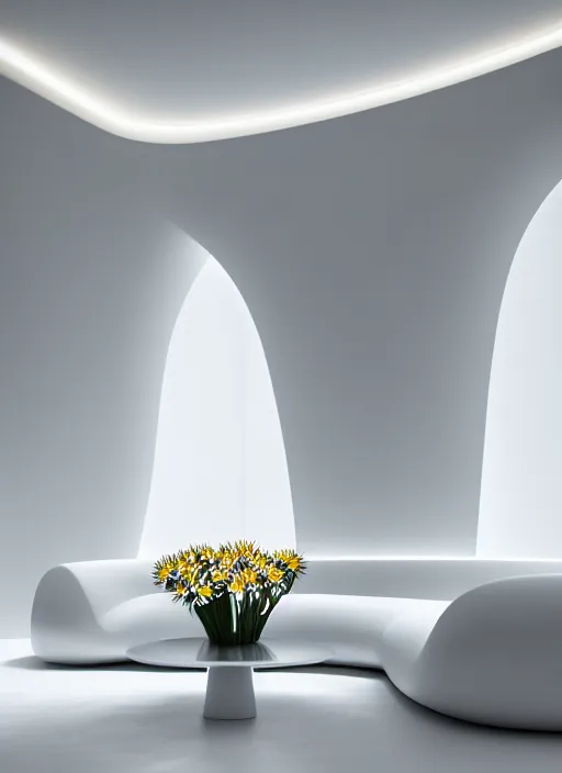 Image similar to bright white zen livingroom with walls made of smooth daisies by zaha hadid, up close shot, sharp focus, global illumination, radiant light, irakli nadar, octane highly render, 4 k, ultra hd,