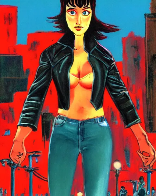 Image similar to young female protagonist in leather jacket, city street, artwork by ralph bakshi