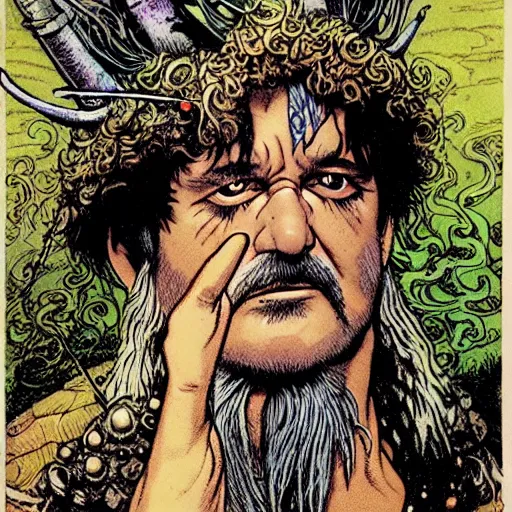 Image similar to a high fantasy closeup portrait of bill murray as a mystical druidic punk warrior giving the camera the middle finger by rebecca guay, michael kaluta, charles vess and jean moebius giraud