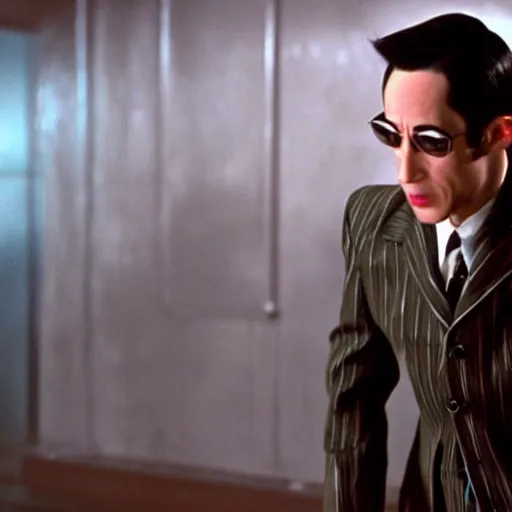 Prompt: pee wee herman as an agent from the matrix, movie still, action shot, 4 k, ultra realistic, highly detailed,