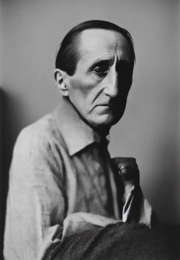 Image similar to a close - up casual photo of marcel duchamp with pensive eyes, 1 9 2 0 s monochrome snapshot, graflex 4 x 5, f 1. 8, 3 5 mm, ilford delta 3 2 0 0 pro